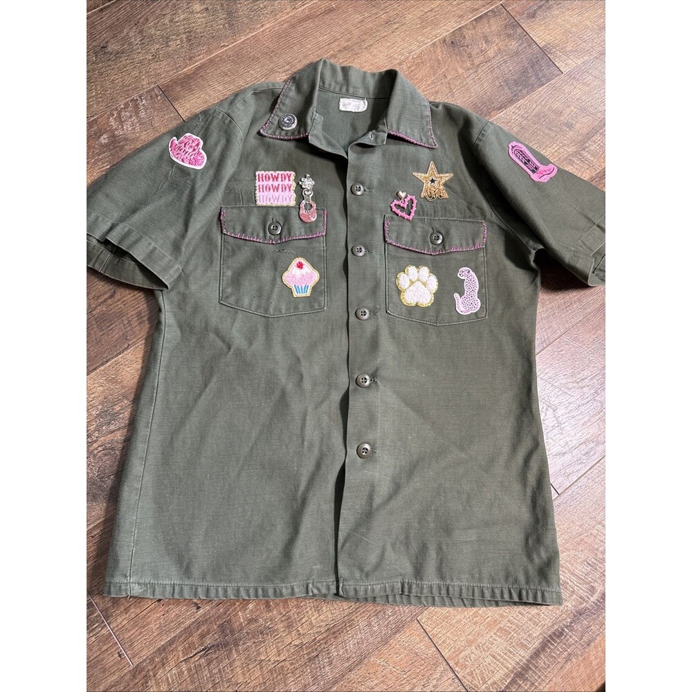 Vietnam Era OG-107 Utility Shirt Rework Remington Patches Pins L Upcycled